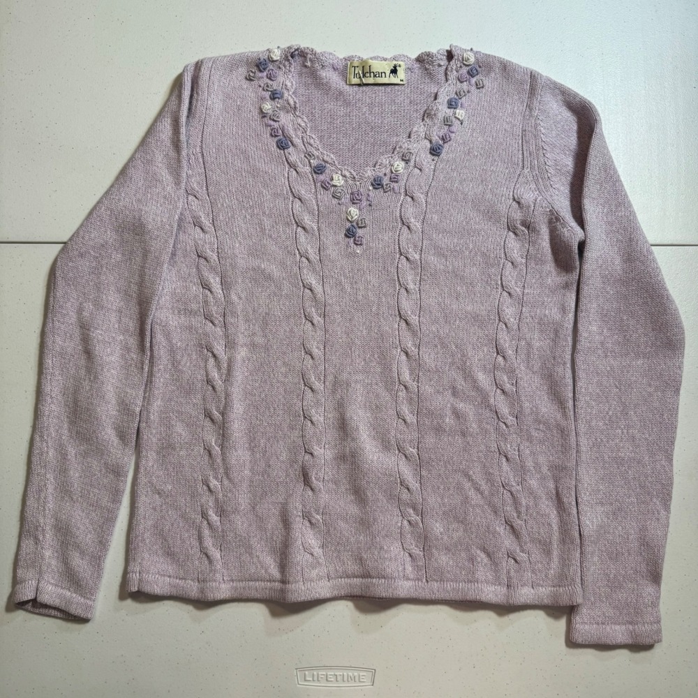 Vintage Cable‎ Knit Floral Embroidered V-Neck Grandma Sweater Lavender Coquette